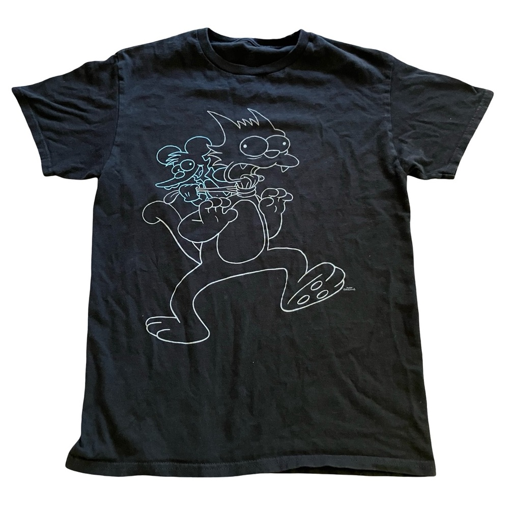 Itchy Scratchy Simpsons Tshirt Black Small Outline Novelty Cat Mouse Negative